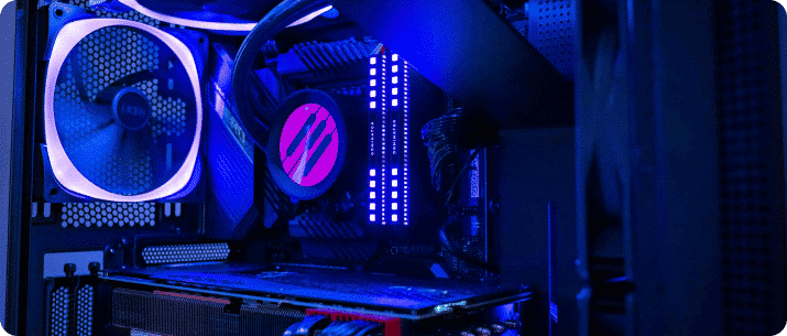 close up image of the internals of a custom pc with blue lighting and the powergpu logo on the cooler