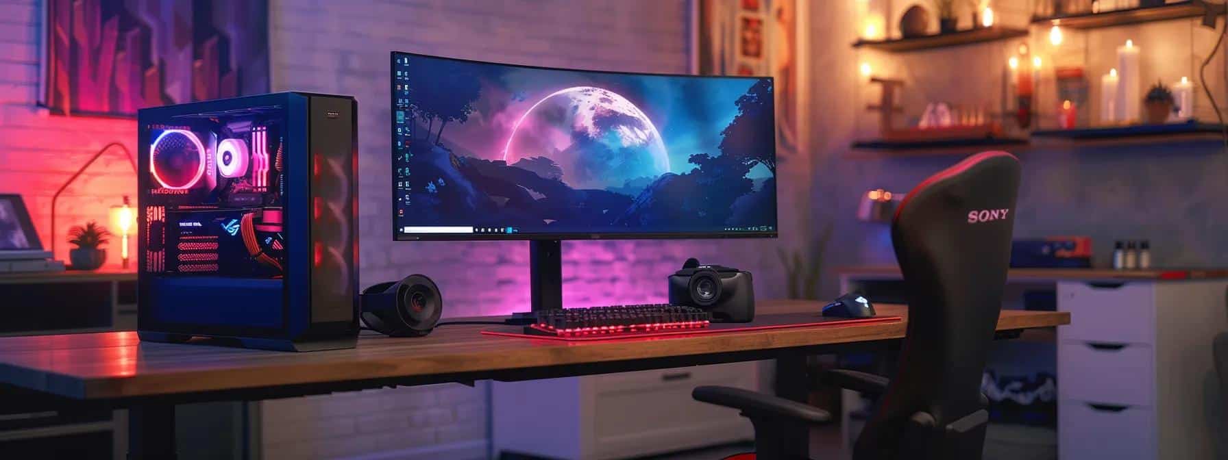 a modern gaming setup in a dimly lit room features two sleek high-performance graphics cards displayed prominently, with an immersive gaming monitor showcasing a visually stunning, ray-traced scene, embodying the contrasting experiences of the rtx 5060 ti and rx 9060 xt.