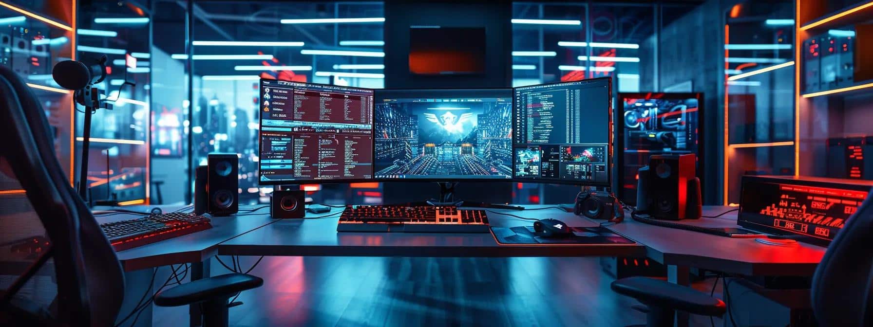 a sleek, modern tech office features two high-end gaming gpus displayed prominently on a polished desk, with vibrant digital screens showcasing their performance metrics and user reviews in a dynamic, high-contrast lighting setup.